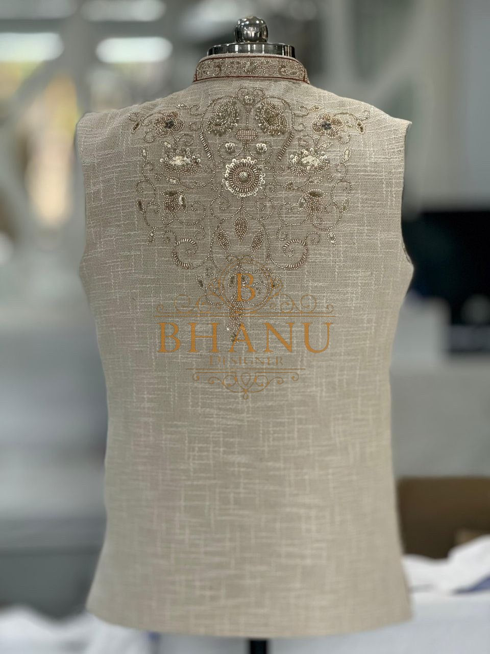 Cream with tonal embroidery at the back - nehru jacket
