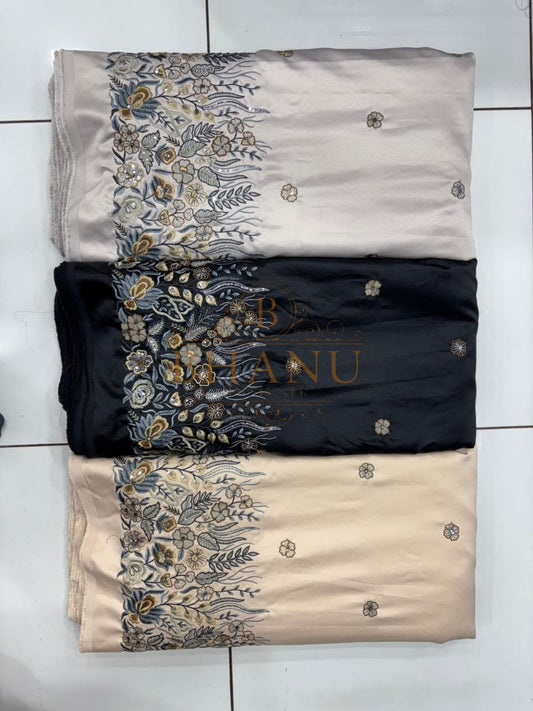 Cream, navy and beige with a silver floral hem - unstitched panel