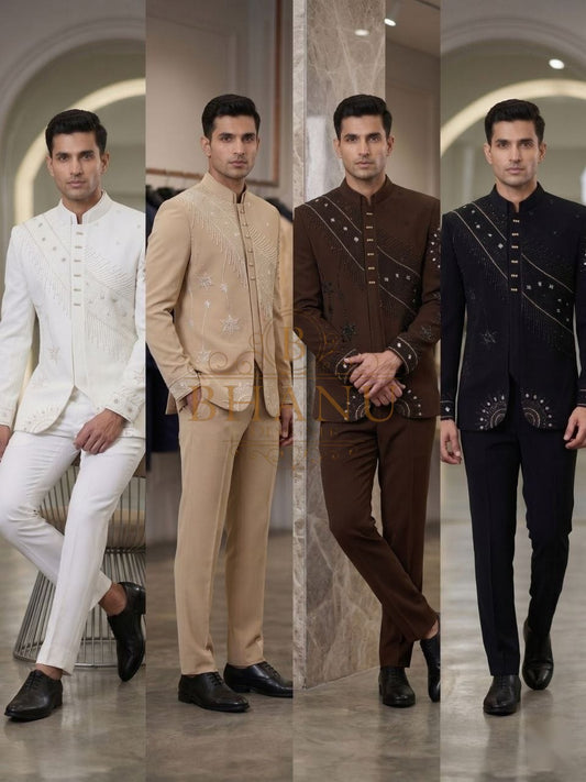 Four colourways, cut as bandhgala - jodhpuri bandhgala
