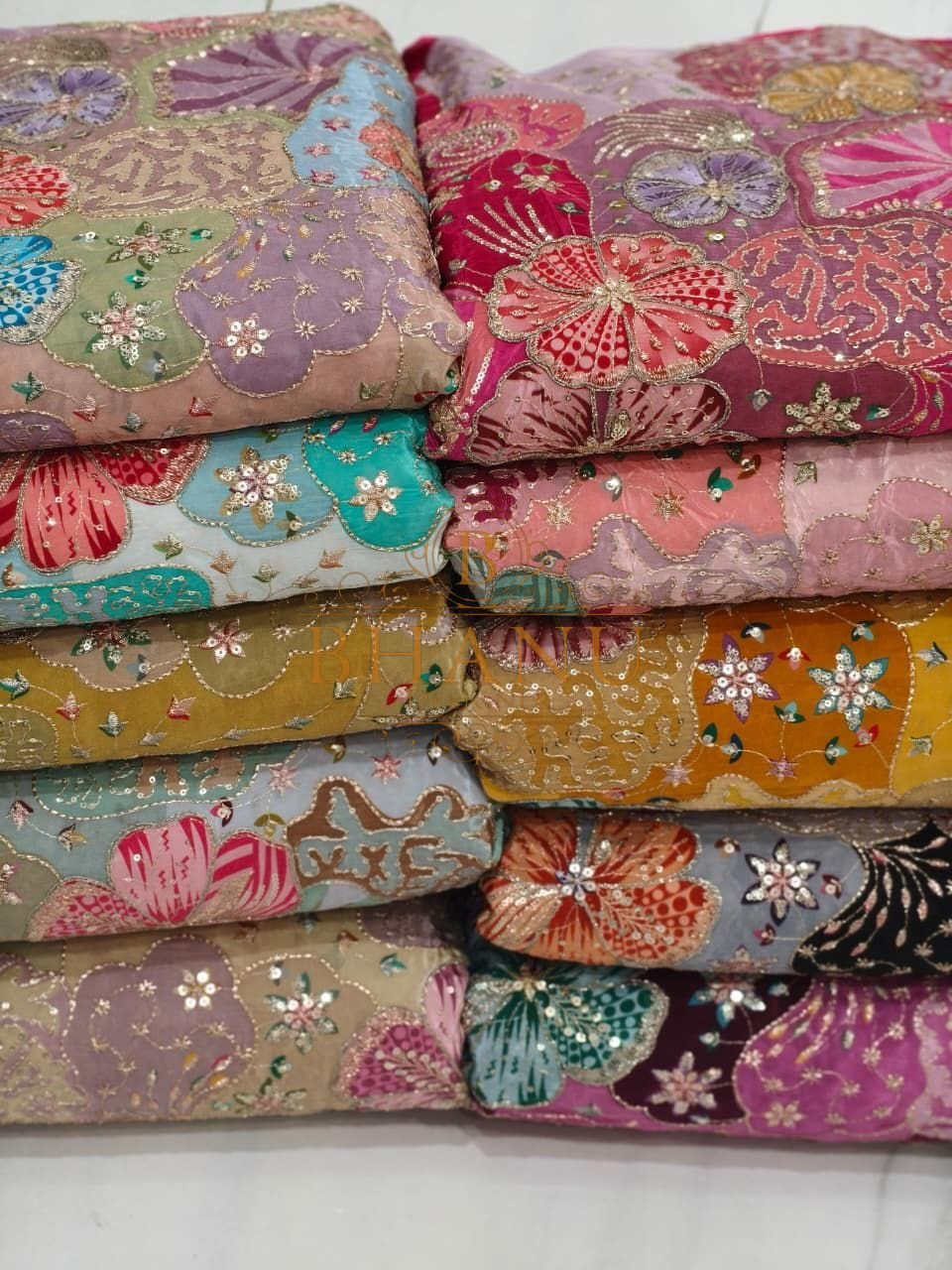Pastel floral with sequin work - fabric by the metre