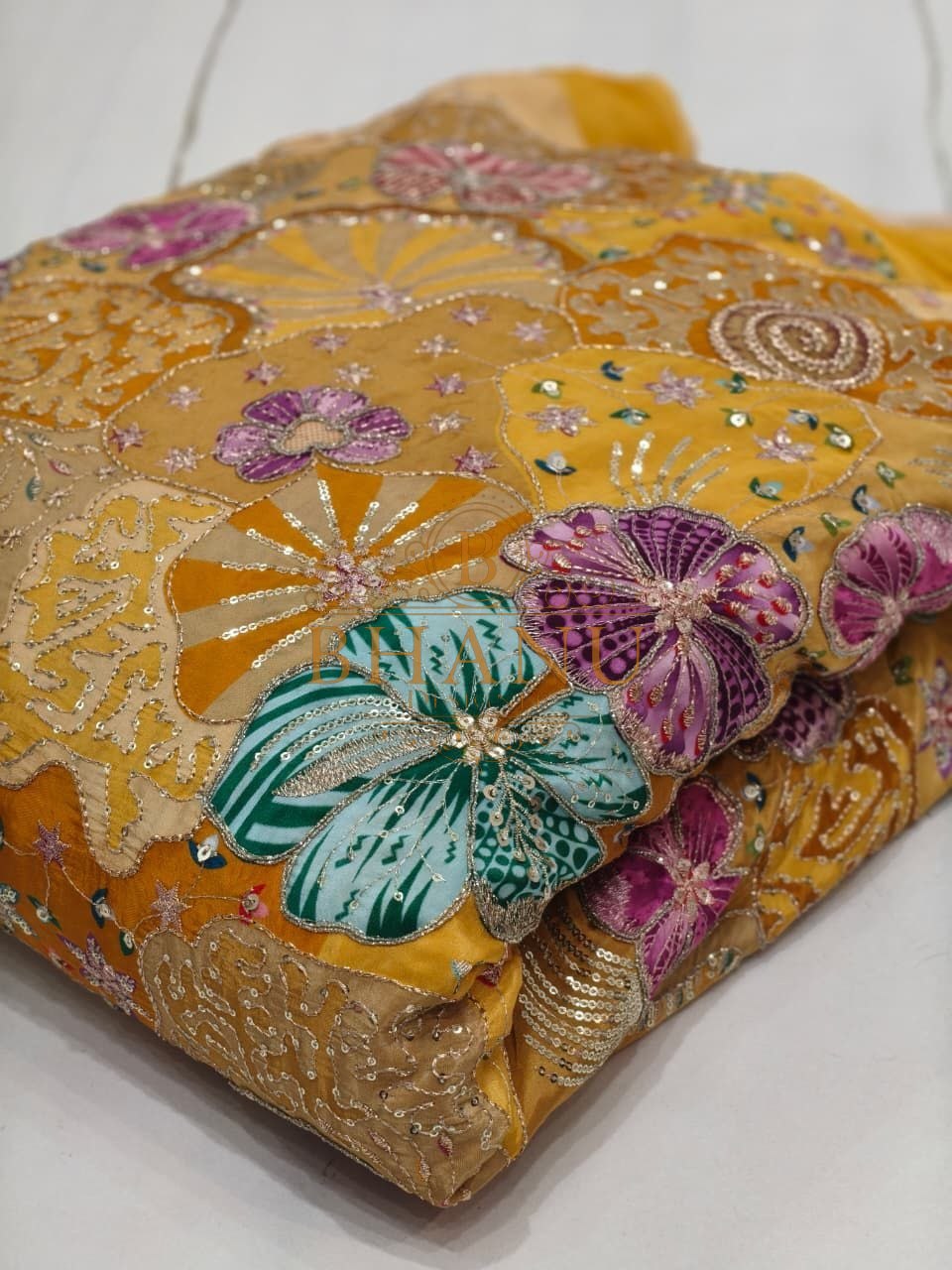 Mustard with butterfly applique - fabric by the metre