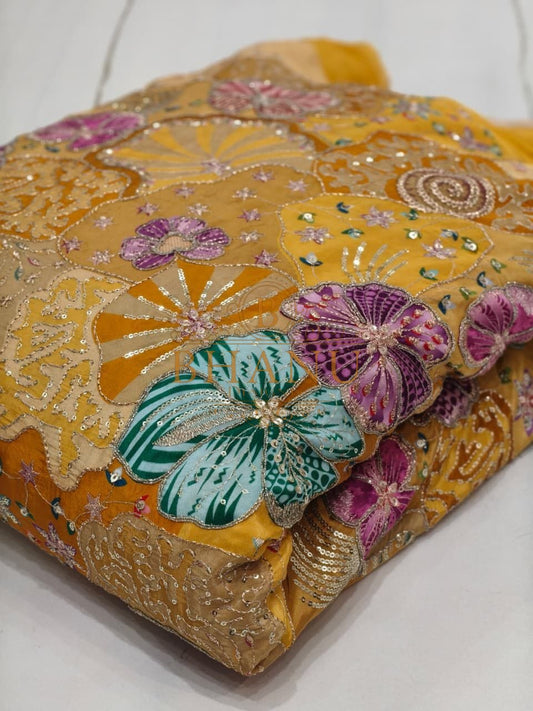 Mustard with butterfly applique - fabric by the metre