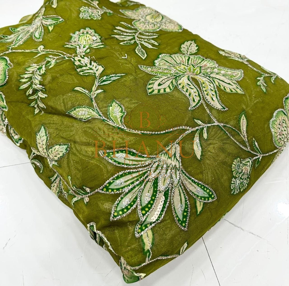 Olive with white and green floral work - fabric by the metre