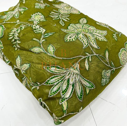 Olive with white and green floral work - fabric by the metre