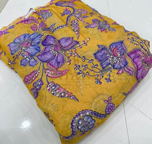 Mustard with purple floral work - fabric by the metre
