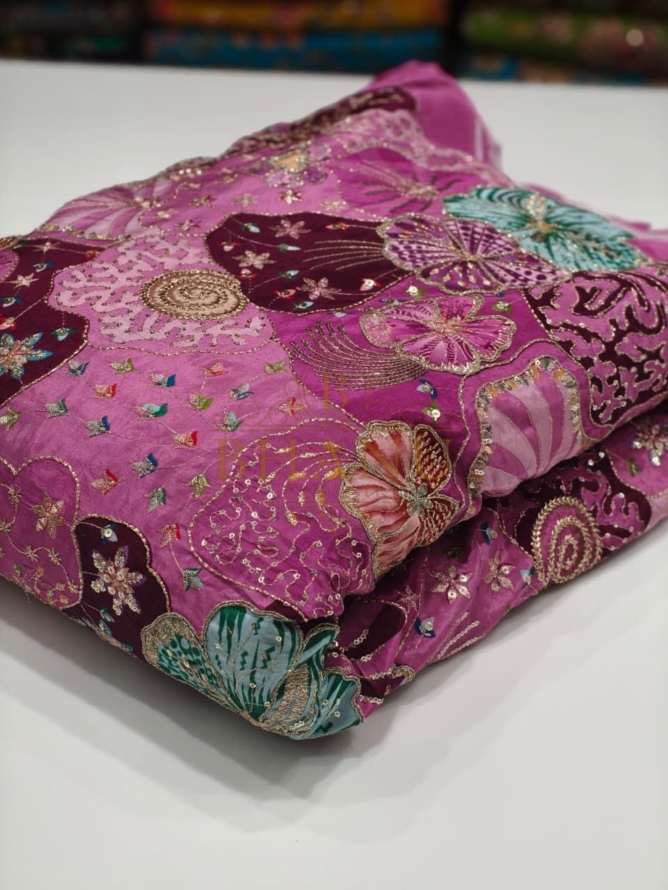 Pink with multicolour sequin floral - fabric by the metre