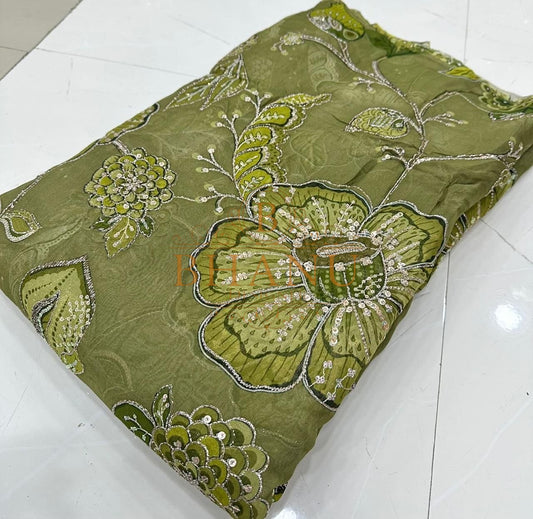Olive with tonal floral work - fabric by the metre