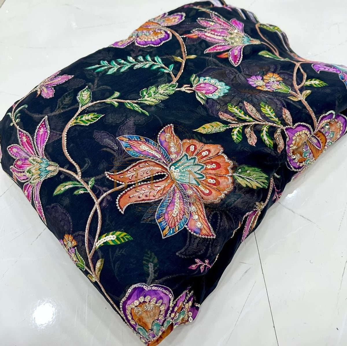 Navy with multicolour floral work - fabric by the metre