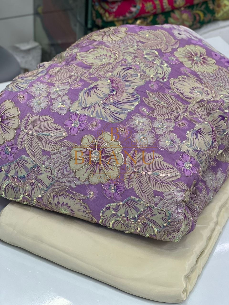 Lilac with tonal floral over cream - fabric by the metre