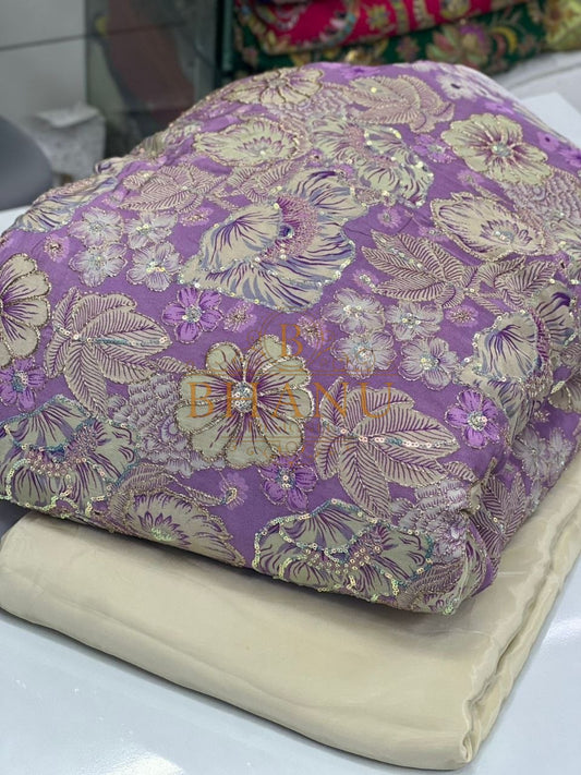 Lilac with tonal floral over cream - fabric by the metre