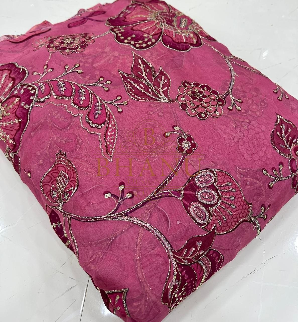 Pink with magenta floral work - fabric by the metre