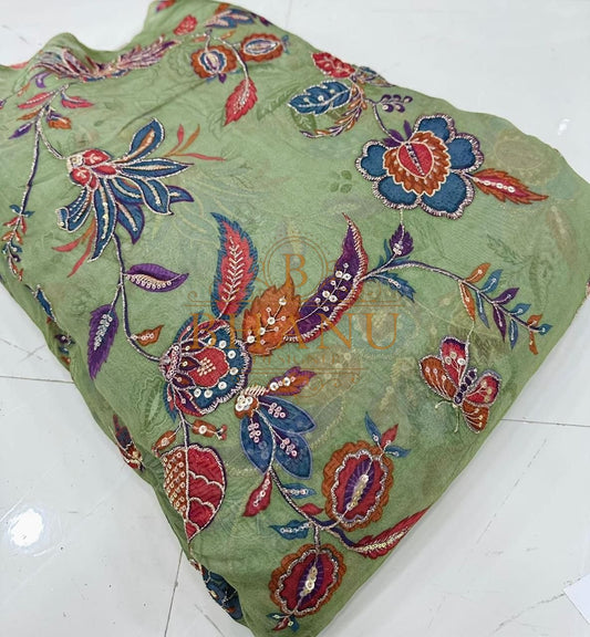 Green with multicolour floral work - fabric by the metre