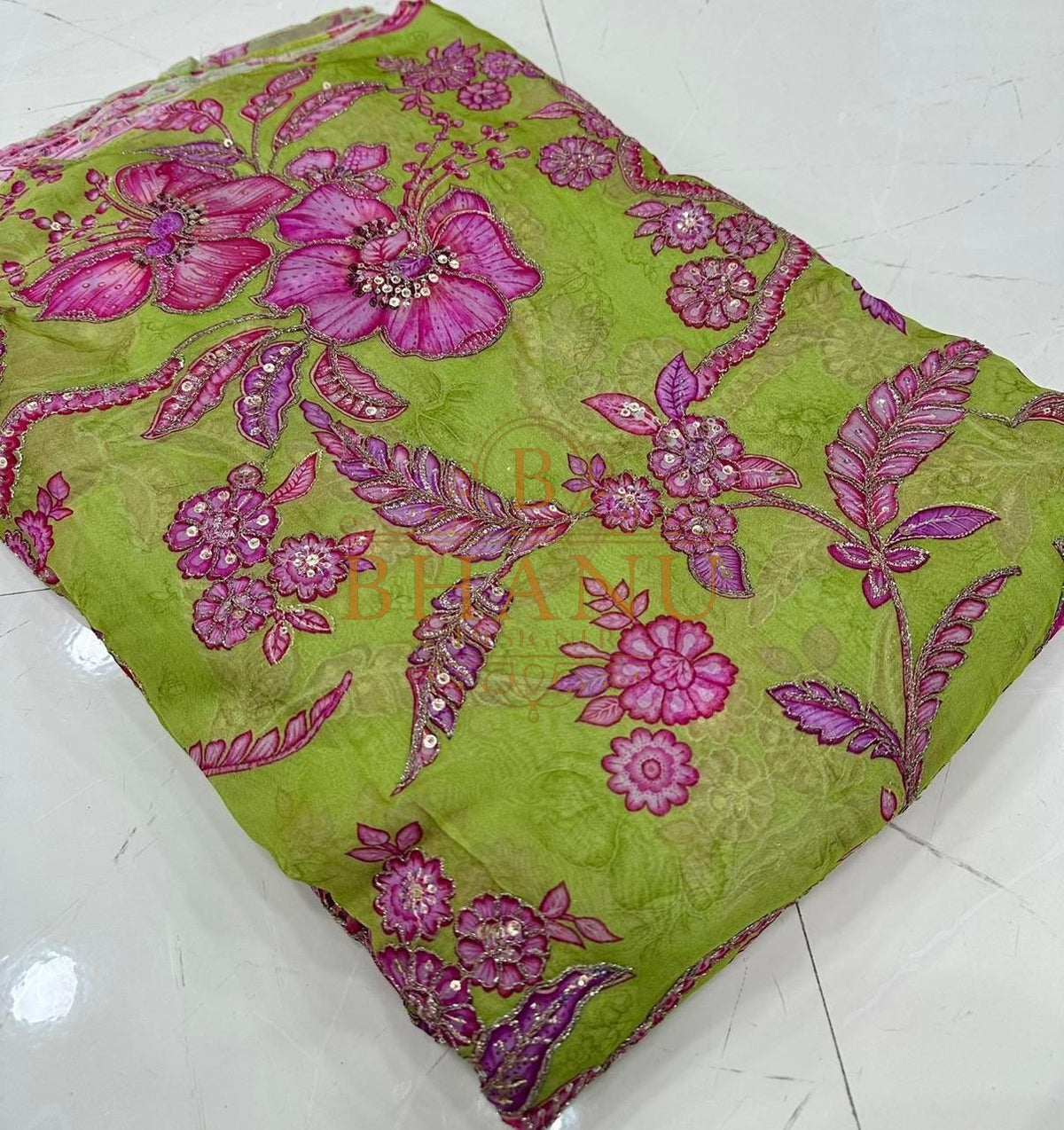 Lime with pink floral work - fabric by the metre