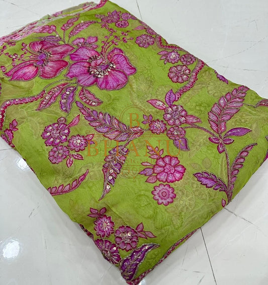 Lime with pink floral work - fabric by the metre