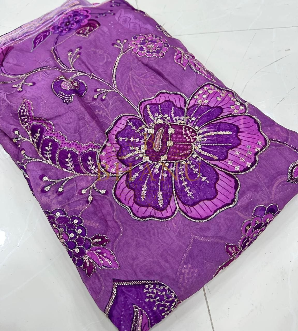 Purple with tonal floral work - fabric by the metre