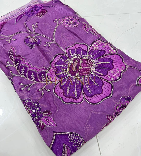 Purple with tonal floral work - fabric by the metre