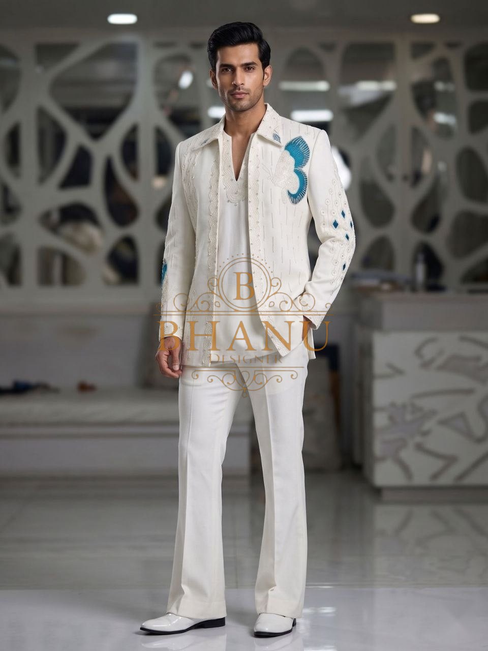 White, cut as a suit - indo-western