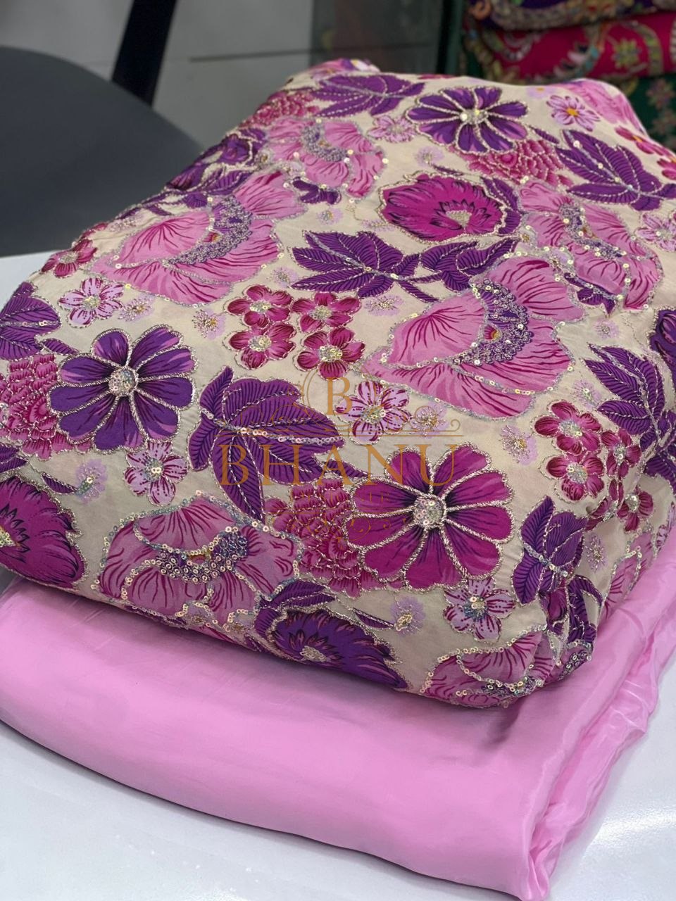 Pink and cream with magenta floral - fabric by the metre