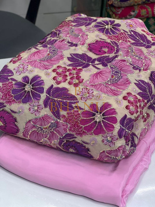 Pink and cream with magenta floral - fabric by the metre