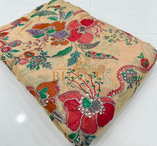 Peach with multicolour floral - fabric by the metre