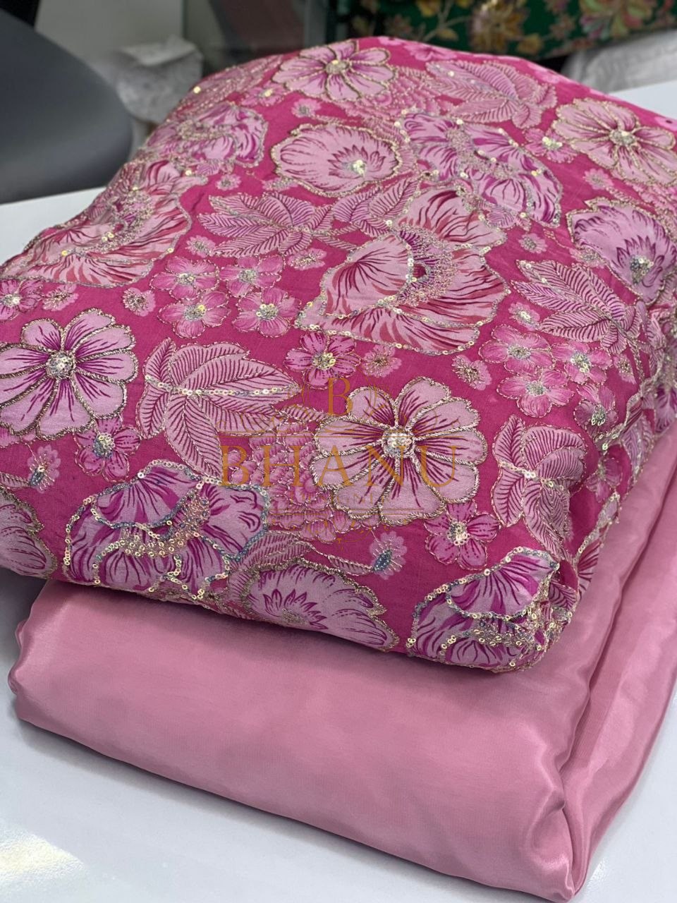 Pink with tonal floral work - fabric by the metre