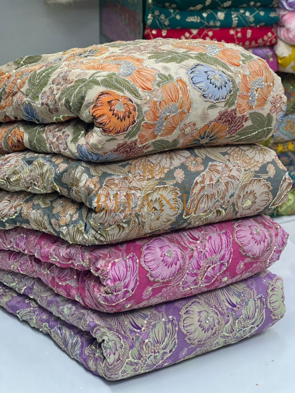 Pastel stack with floral work - fabric by the metre