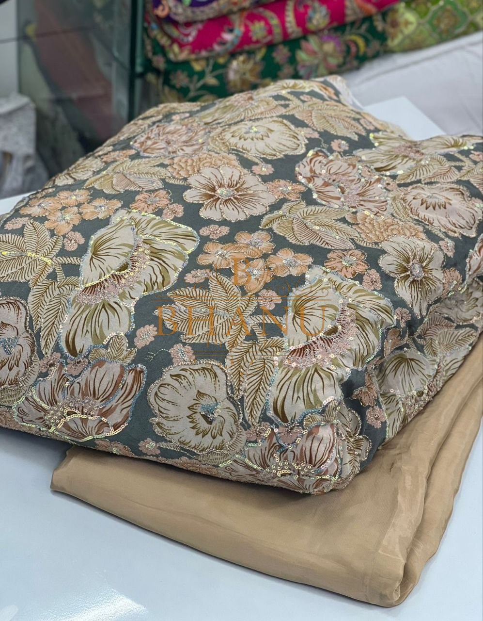 Grey and taupe with tonal floral - fabric by the metre