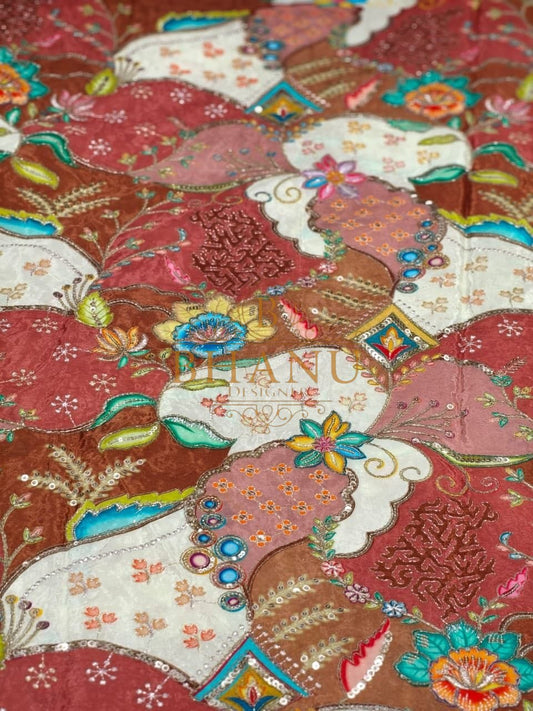 Red and cream with a multicolour Mughal print - fabric by the metre