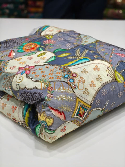 Grey and cream with a multicolour Mughal print - fabric by the metre