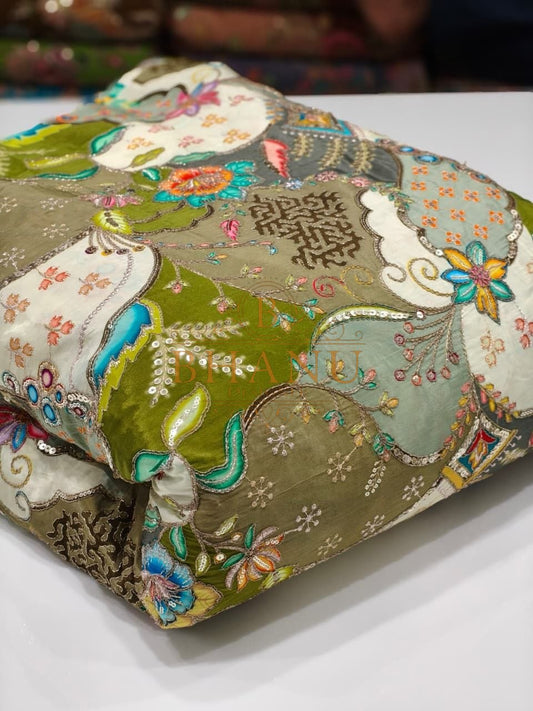 Olive and cream with a multicolour Mughal print - fabric by the metre
