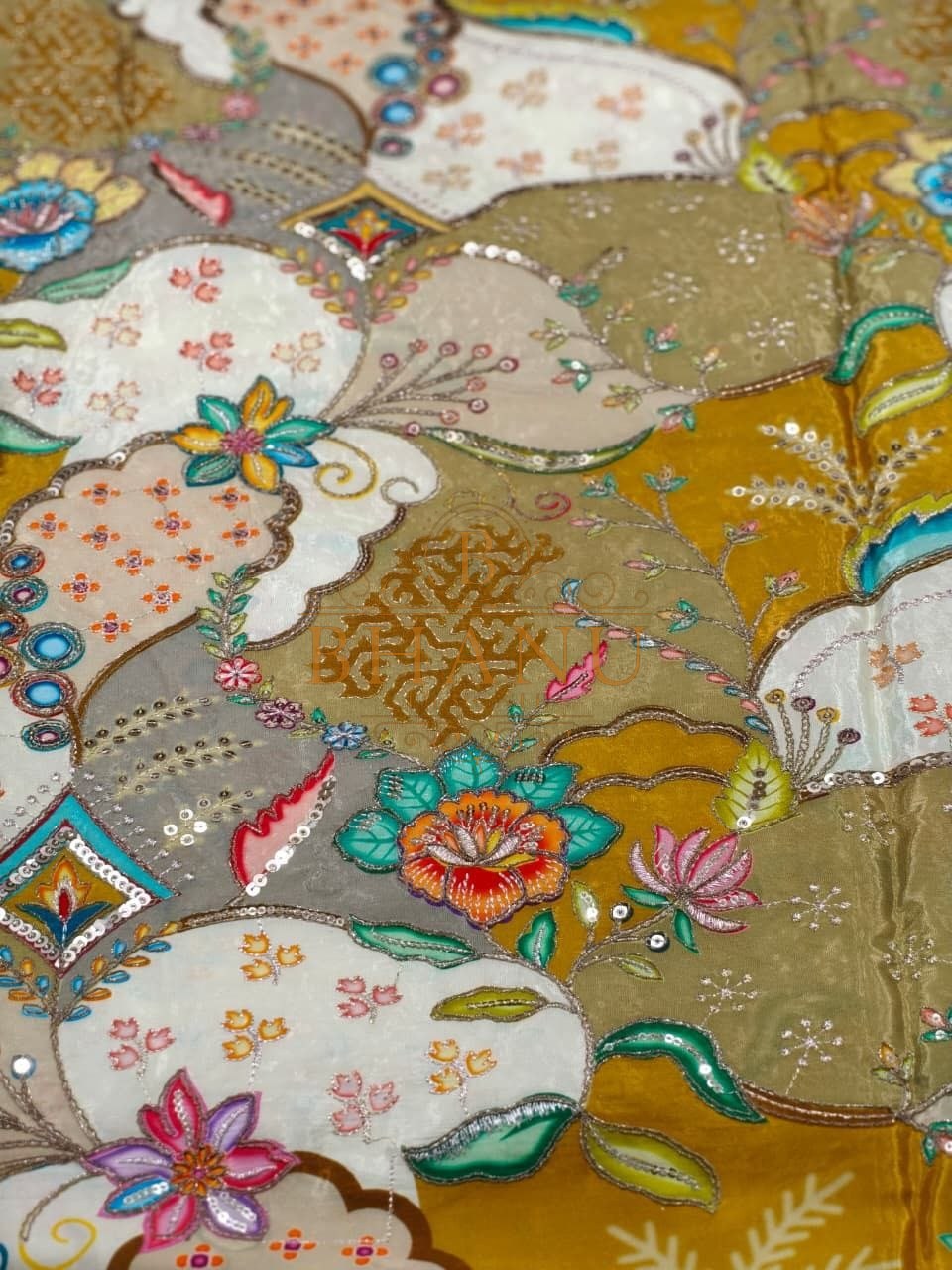 Mustard with a multicolour Mughal print - fabric by the metre