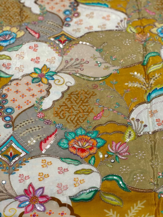 Mustard with a multicolour Mughal print - fabric by the metre