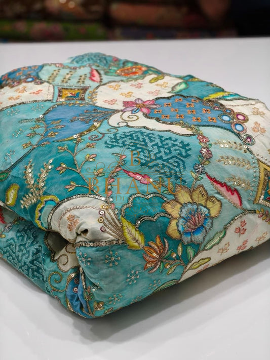 Teal with a multicolour Mughal print - fabric by the metre