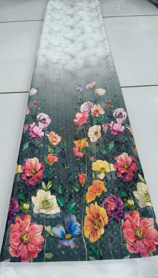 Grey to black ombre with a floral print - fabric by the metre