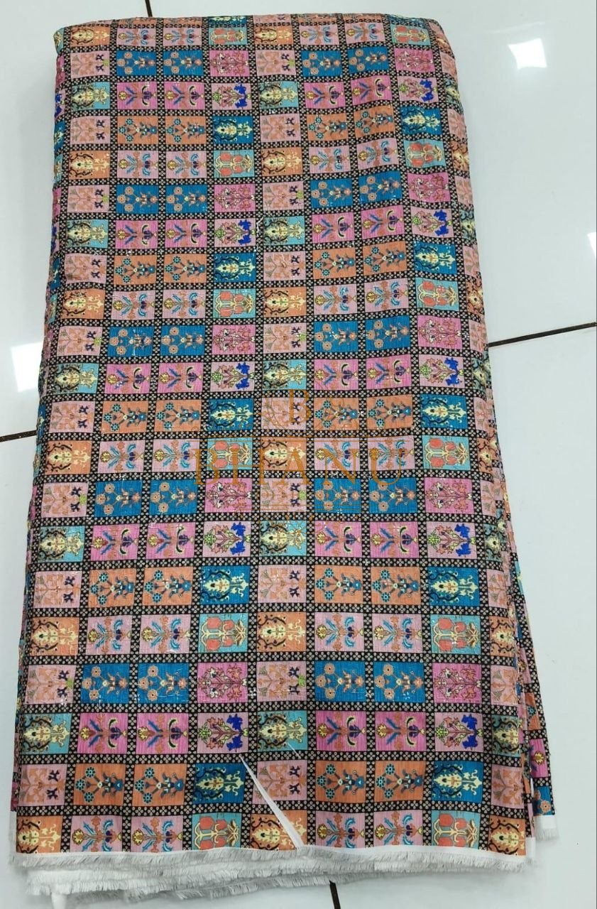 Pink and blue tile print - fabric by the metre