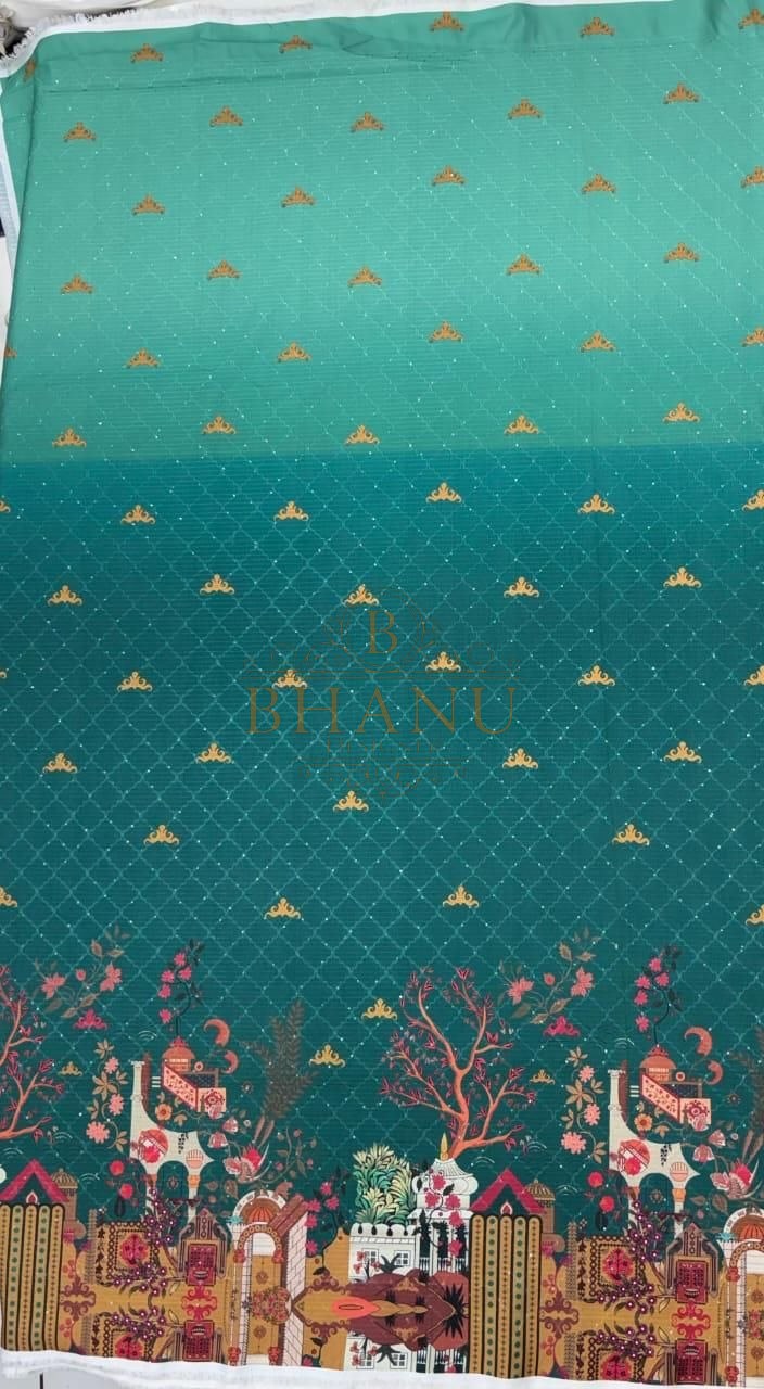 Teal with gold butti and a landscape border - fabric by the metre