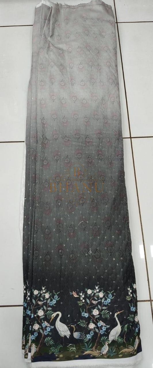 Grey ombre with a bird border - fabric by the metre