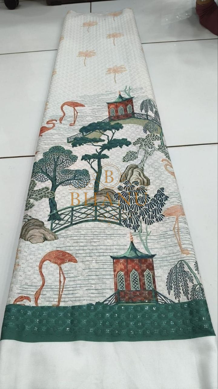 Cream with a green pagoda and crane print - fabric by the metre