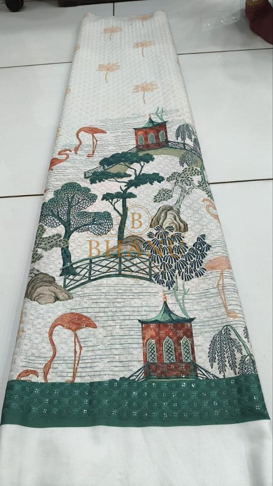 Cream with a green pagoda and crane print - fabric by the metre