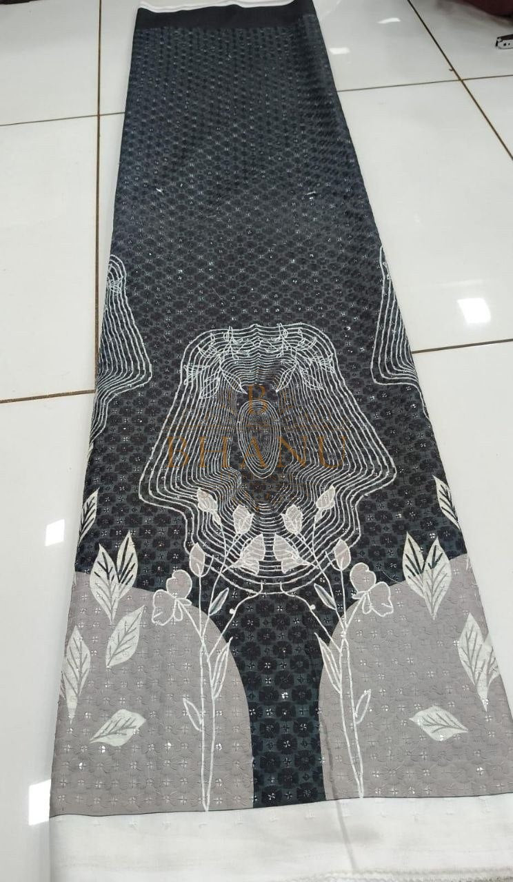 Charcoal with white and grey floral work - fabric by the metre