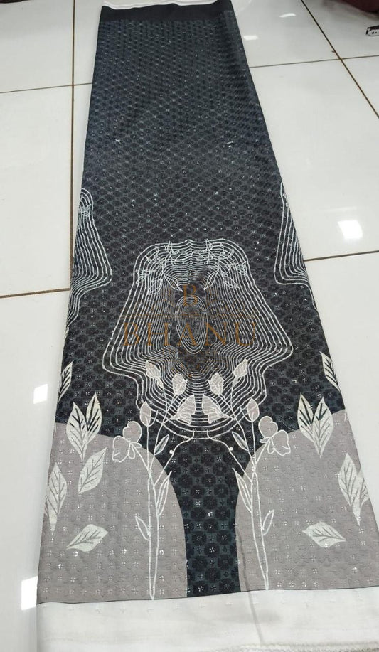 Charcoal with white and grey floral work - fabric by the metre