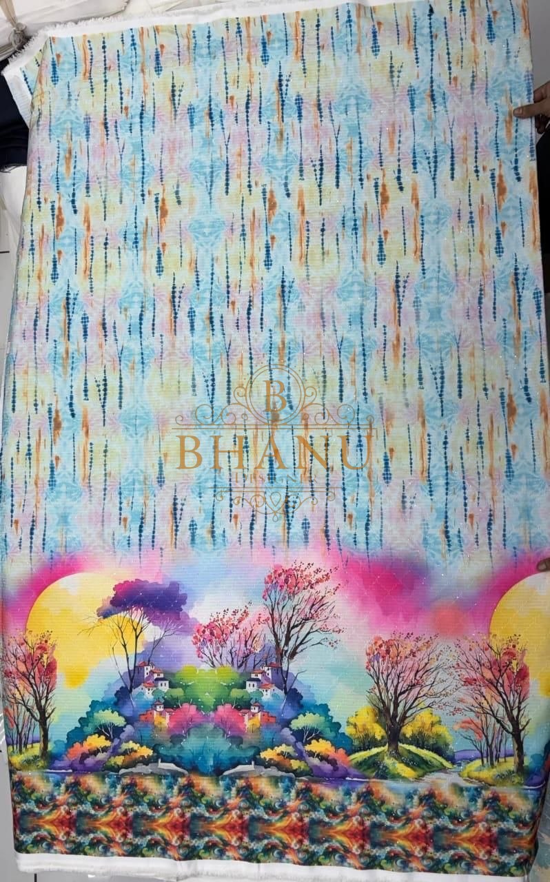 Multicolour abstract with a floral hem - fabric by the metre