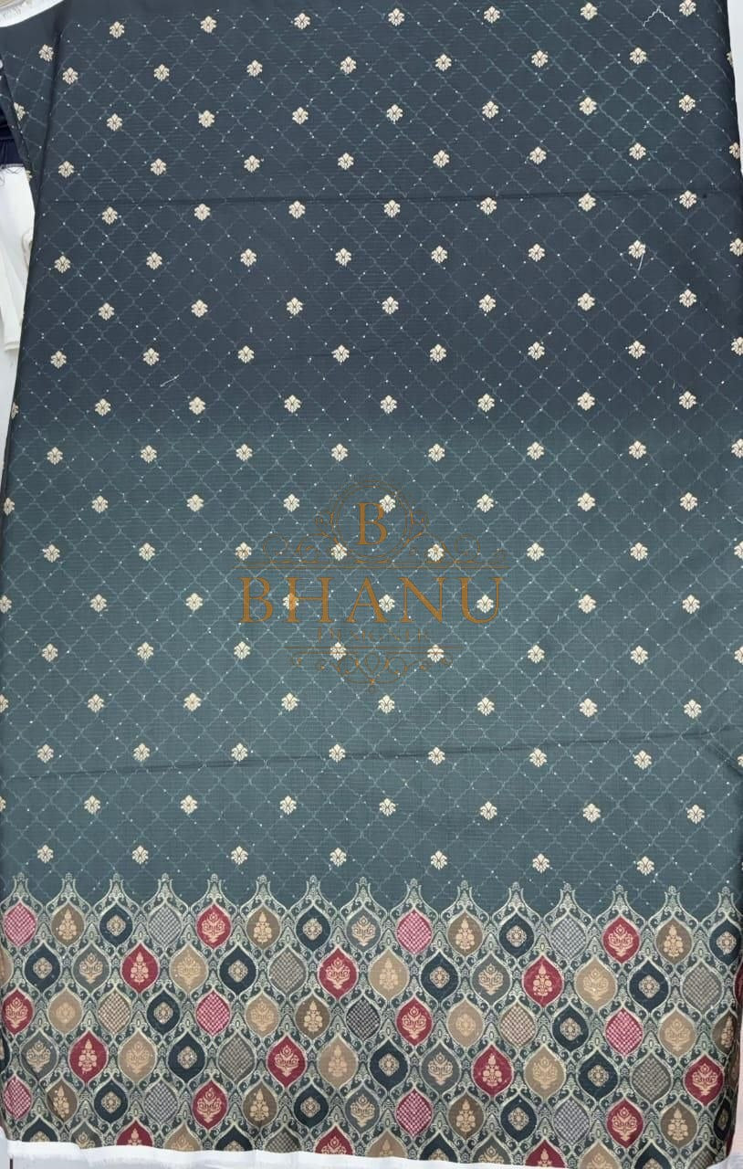 Slate with gold butti and a multicolour hem - fabric by the metre