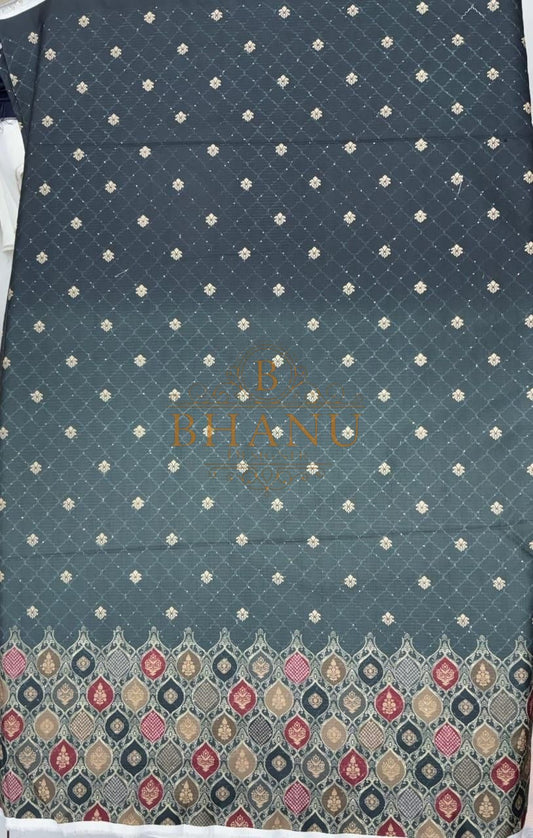 Slate with gold butti and a multicolour hem - fabric by the metre
