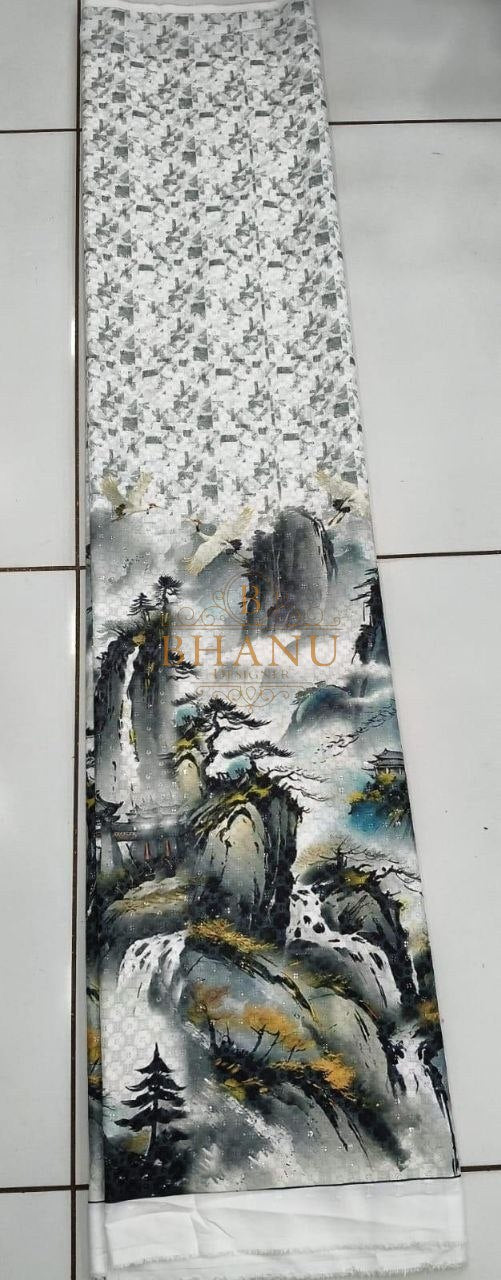 White with an ink landscape print - fabric by the metre