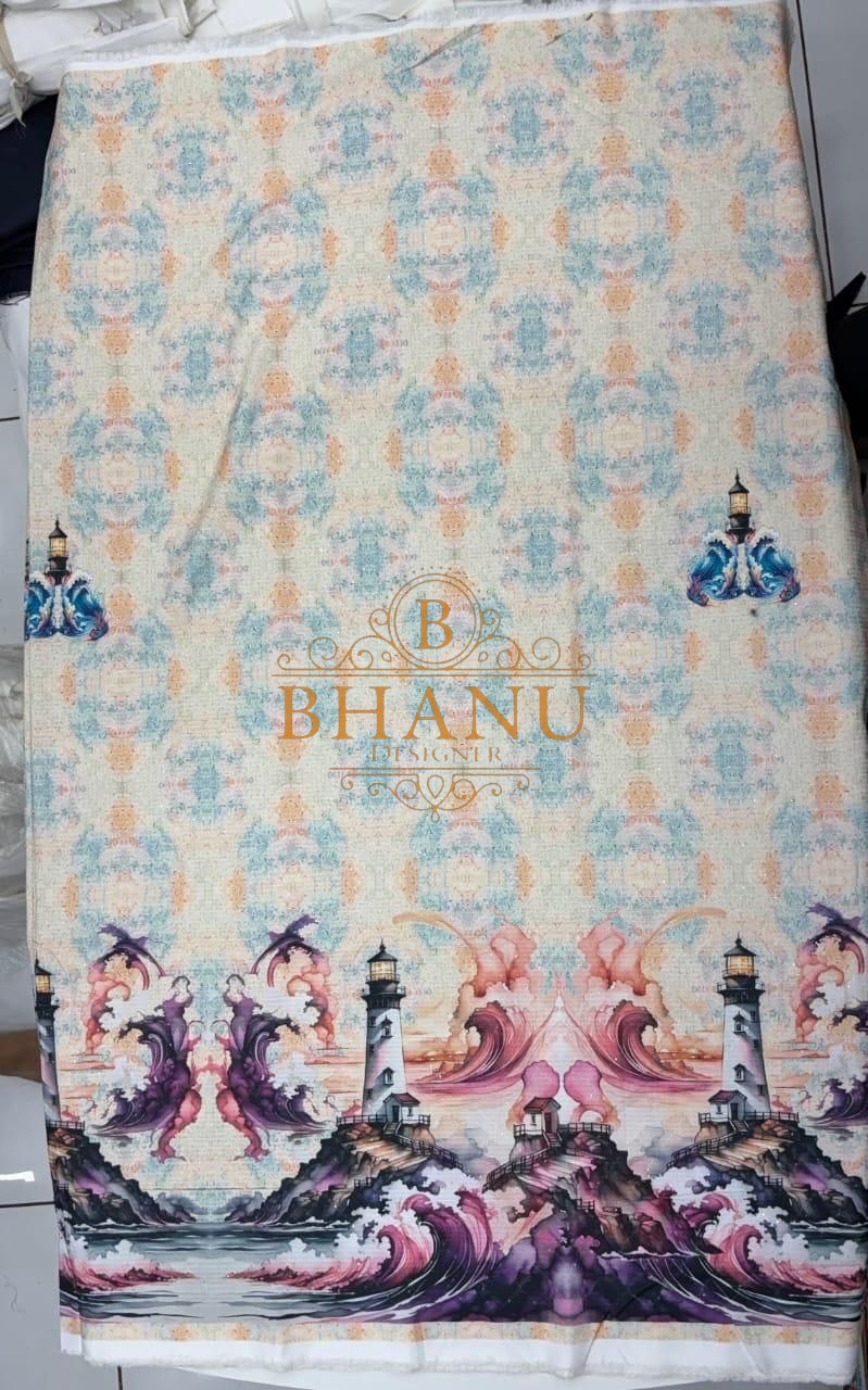 Pastel with a lighthouse and wave print - fabric by the metre