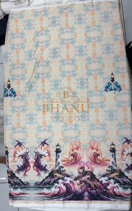 Pastel with a lighthouse and wave print - fabric by the metre