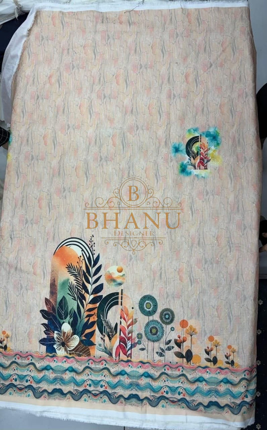 Pale ground with multicolour floral and a wave hem - fabric by the metre
