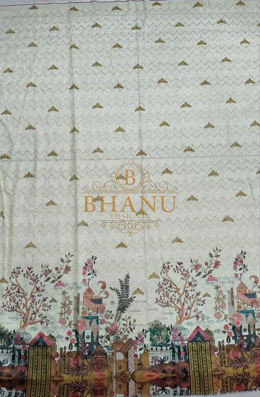 Cream with gold butti and a pastel hem - fabric by the metre