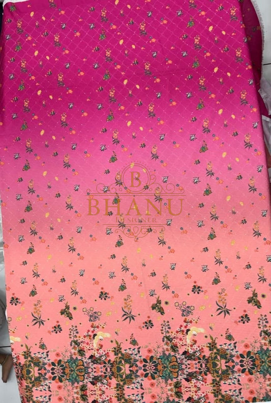 Pink ombre with multicolour hem work - fabric by the metre